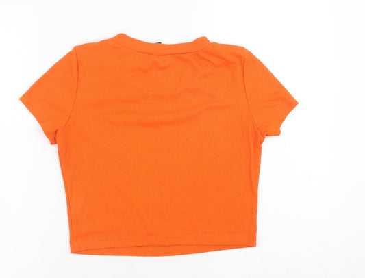Back view of SheIn women’s orange polyester basic t-shirt, size M, crew neck