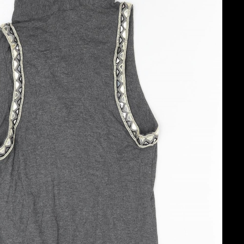 Brand and care label for Malini Ramani women’s grey polyester basic blouse, size S, round neck