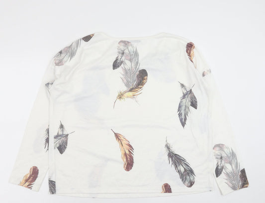 Sheilay Womens White Geometric Polyester Basic Blouse Size M V-Neck - Feather Print