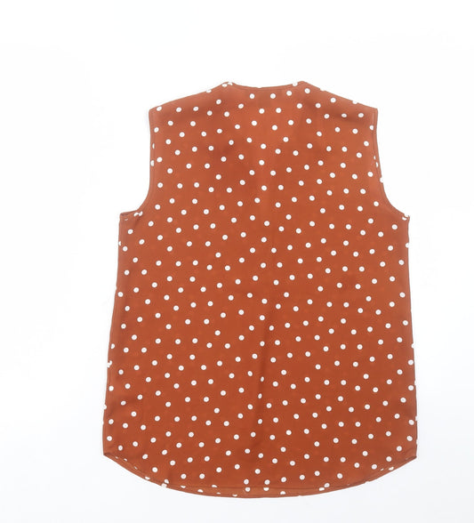 Primark Womens Brown Polka Dot Polyester Basic Blouse Size 8 V-Neck