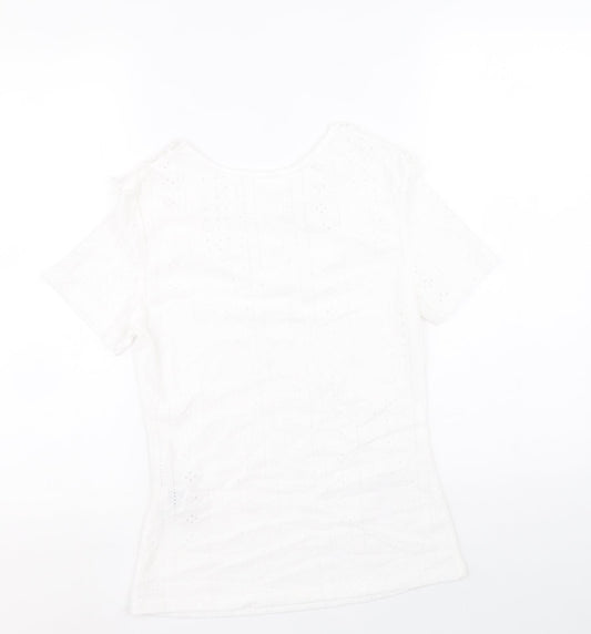 Back view of SheIn women’s white geometric polyester basic blouse, size M, round neck
