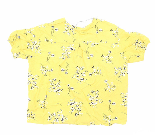 Autograph Womens Yellow Floral Viscose Basic Button-Up Size 14 V-Neck