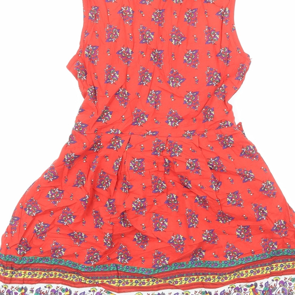 Dorothy Perkins Womens Red Geometric Cotton Fit & Flare Size 8 V-Neck Pullover