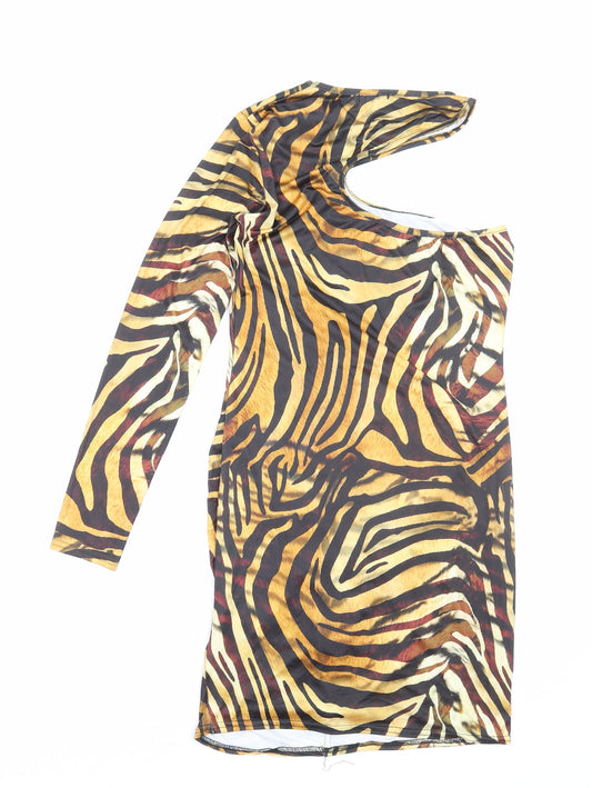 PRETTYLITTLETHING Womens Brown Animal Print Polyester Mini Size 12 One Shoulder Pullover
