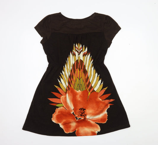 Back view of Pussycat London women’s brown floral acrylic fit & flare, size L, scoop neck pullover