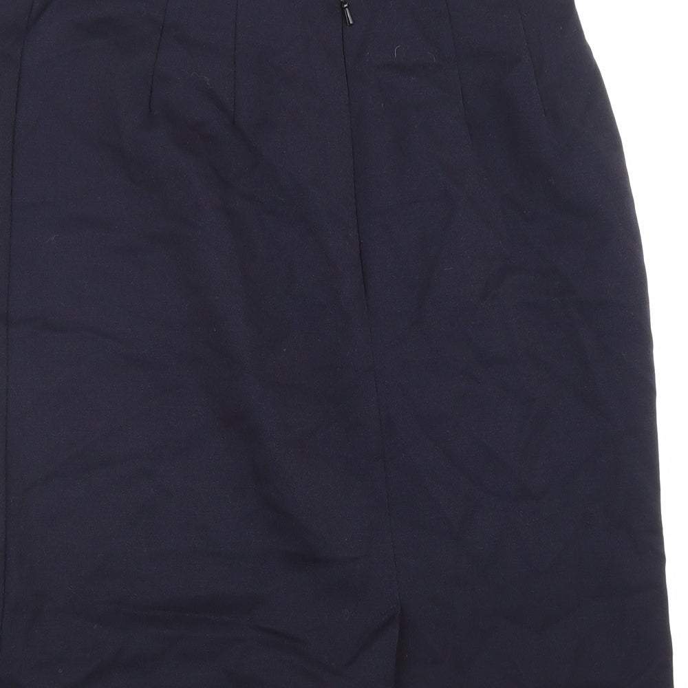 Brand and care label for Marks and Spencer women’s blue polyester a-line skirt, size UK 10, zip