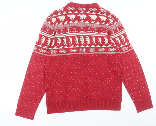 H&M Mens Red Round Neck Geometric Cotton Pullover Jumper Size M - Arctic Animals, Christmas