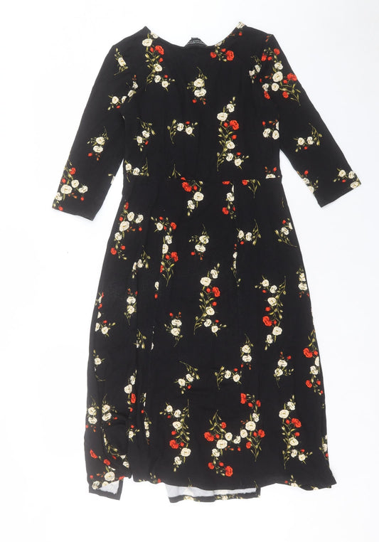 Dorothy Perkins Womens Black Floral Viscose A-Line Size 8 Round Neck Pullover - Slit