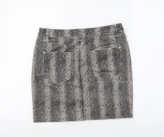 NEXT Womens Grey Animal Print Cotton A-Line Skirt Size 12 Button - Snakeskin Pattern