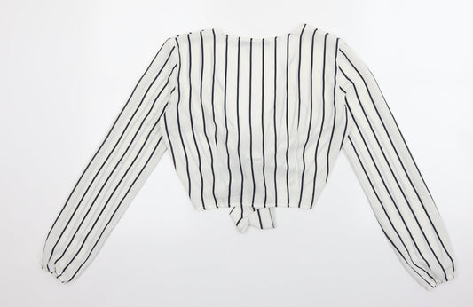 Boohoo Womens White Striped Polyester Basic Blouse Size 6 V-Neck