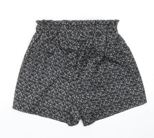 PRETTYLITTLETHING Womens Black Floral Polyester Culotte Shorts Size 6 Regular Tie
