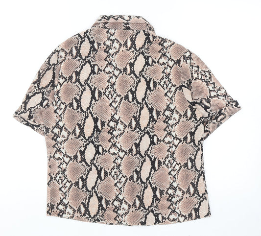 New Look Womens Brown Animal Print Polyester Basic Button-Up Size 8 V-Neck