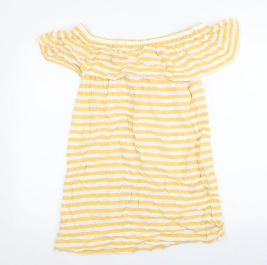 Papaya Womens Yellow Striped Viscose Mini Size 8 Off the Shoulder Pullover