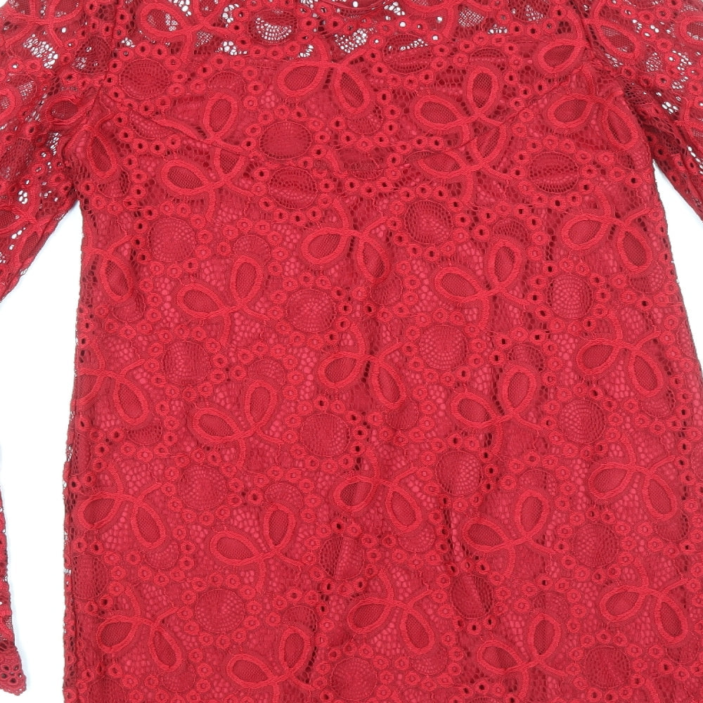 Missguided Womens Red Polyester Mini Size 6 Roll Neck Button - Voluminous Sleeves