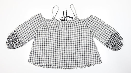 Papaya Womens White Check Viscose Cropped Blouse Size 16 Boat Neck