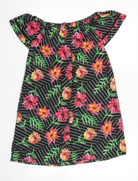 Primark Womens Black Floral Viscose Mini Size 10 Off the Shoulder Pullover