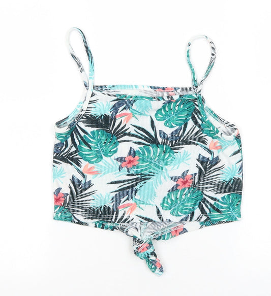 Primark Womens Multicoloured Geometric Polyester Basic Tank Size 12 Square Neck - Leaf Print Knot Front