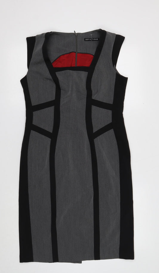 Definitions Womens Grey Polyester Pencil Dress Size 12 Square Neck Zip - Contrasting Trim