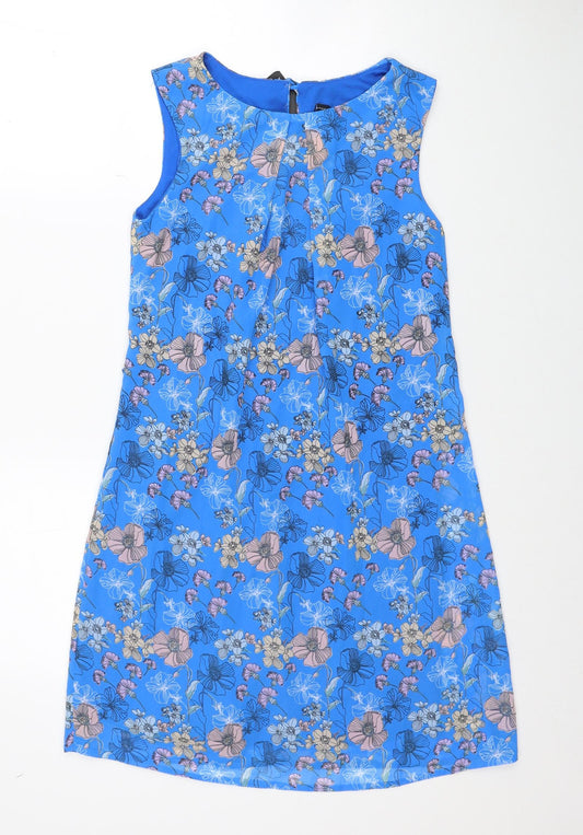 Atmosphere Womens Blue Floral Polyester Shift Size 6 Boat Neck Button