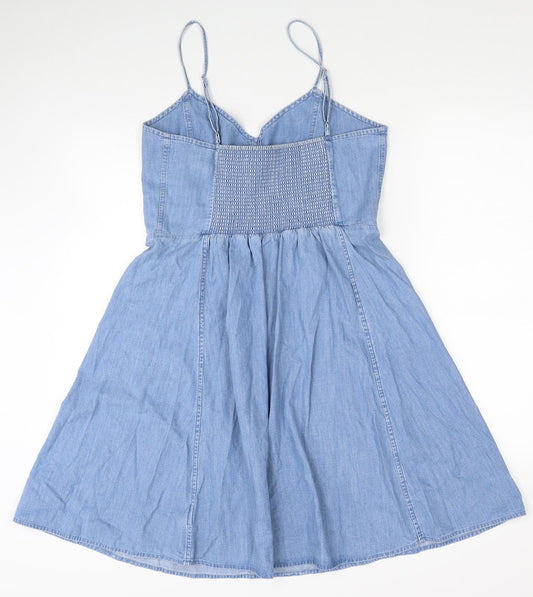 Gap Womens Blue Cotton Fit & Flare Size 6 V-Neck Pullover - Shirred