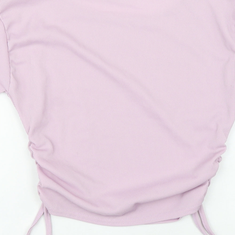 I SAW IT FIRST Womens Purple Polyester Cropped T-Shirt Size 6 Round Neck - Ribbed Side Tie Ruched