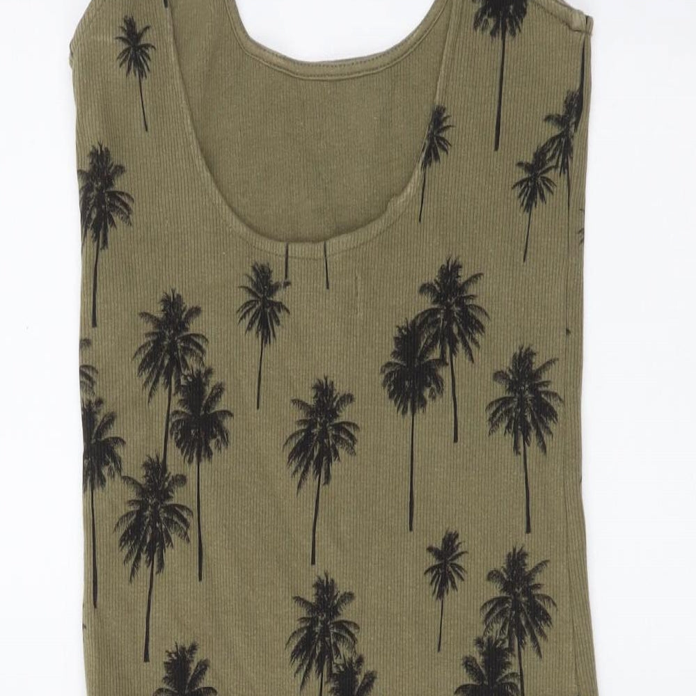 Topshop Womens Green Floral Cotton Tank Dress Size 6 Scoop Neck Pullover - Palm Tree Print