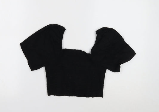 Boohoo Womens Black Cotton Cropped T-Shirt Size 4 Square Neck - Shirred Bust