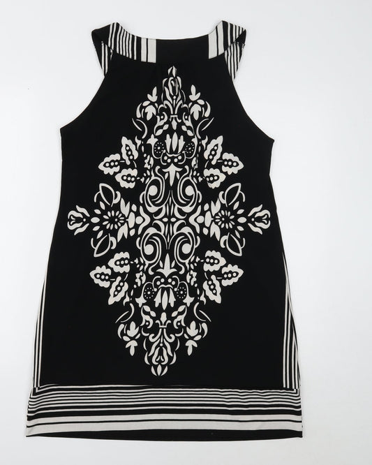 Pussycat Womens Black Geometric Polyester A-Line Size M Round Neck Button