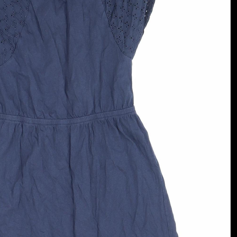 Essential Womens Blue 100% Cotton Mini Size 6 Round Neck Button - Broderie Anglaise