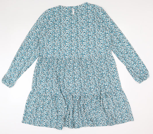 PEBBLE BAY Womens Blue Floral Polyester Shift Size 14 Round Neck Button