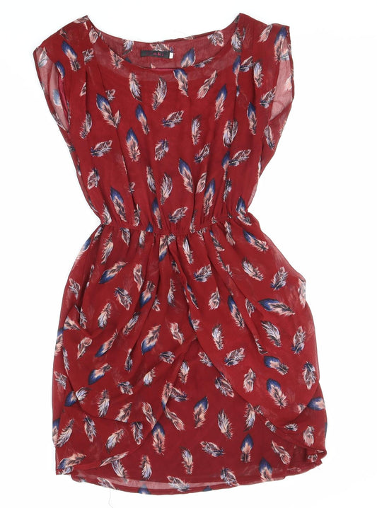 TENKI Womens Red Geometric Polyester Mini Size S Boat Neck Pullover - Feather Print