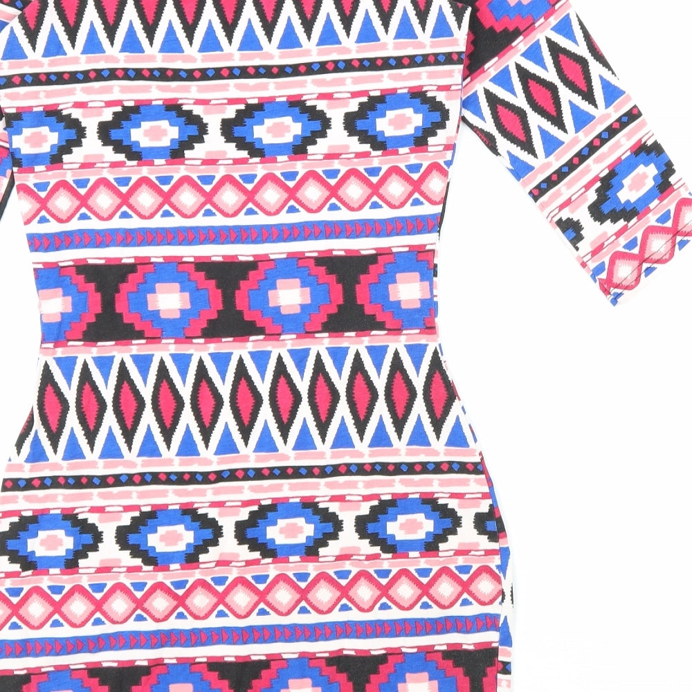 River Island Womens Multicoloured Geometric Polyester Bodycon Size 8 Mock Neck Pullover - Cold Shoulder