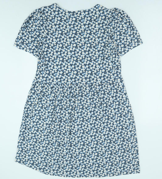 F&F Womens Blue Floral Polyester A-Line Size 10 V-Neck Pullover