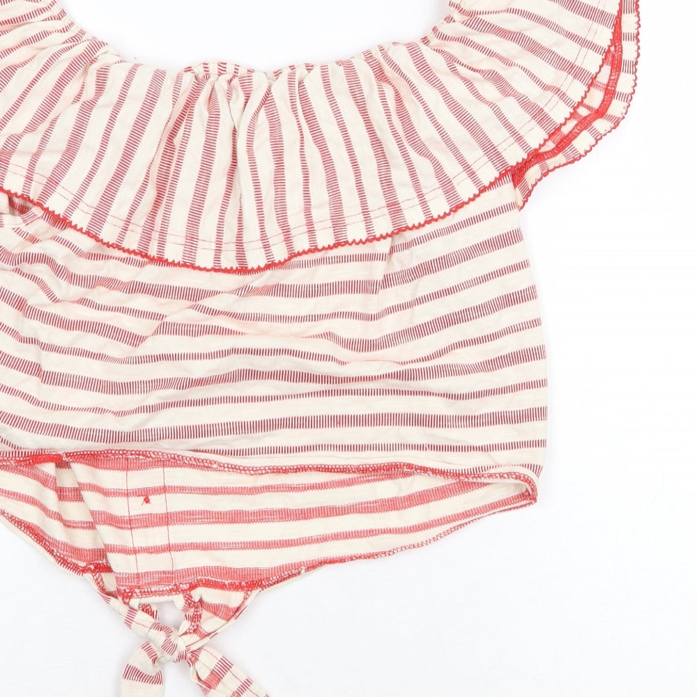 Miss Selfridge Womens Red Striped 100% Cotton Cropped Blouse Size 12 Off the Shoulder