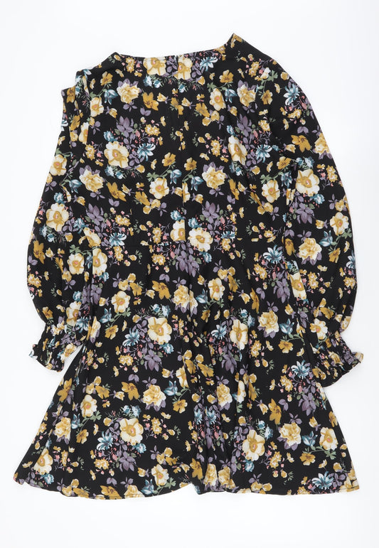 I SAW IT FIRST Womens Black Floral Polyester A-Line Size 12 V-Neck Zip