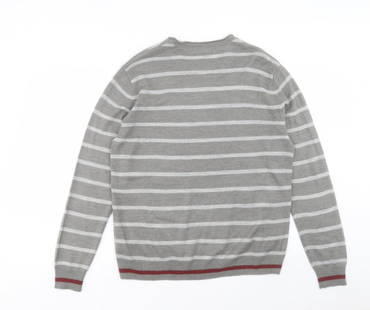 Burton Mens Grey V-Neck Striped Acrylic Pullover Jumper Size M