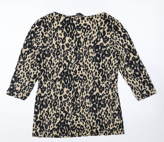 F&F Womens Beige Animal Print Cotton Basic T-Shirt Size 12 Scoop Neck - Leopard Print