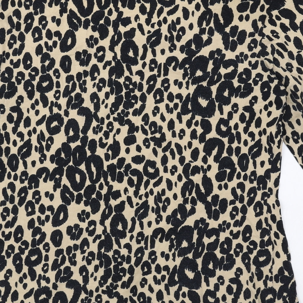 F&F Womens Beige Animal Print Cotton Basic T-Shirt Size 12 Scoop Neck - Leopard Print