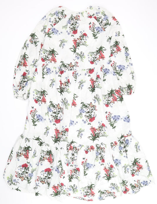 River Island Womens White Floral Cotton A-Line Size 8 Square Neck Tie