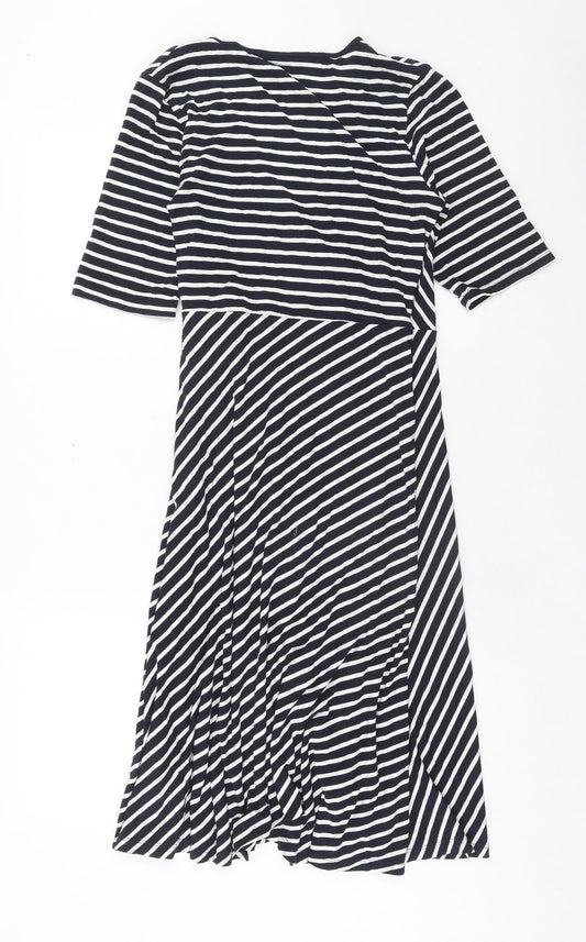 Marks and Spencer Womens Blue Striped Viscose A-Line Size 14 V-Neck Pullover