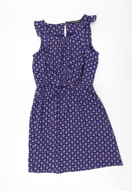 Atmosphere Womens Blue Geometric Polyester Fit & Flare Size 6 Boat Neck Button