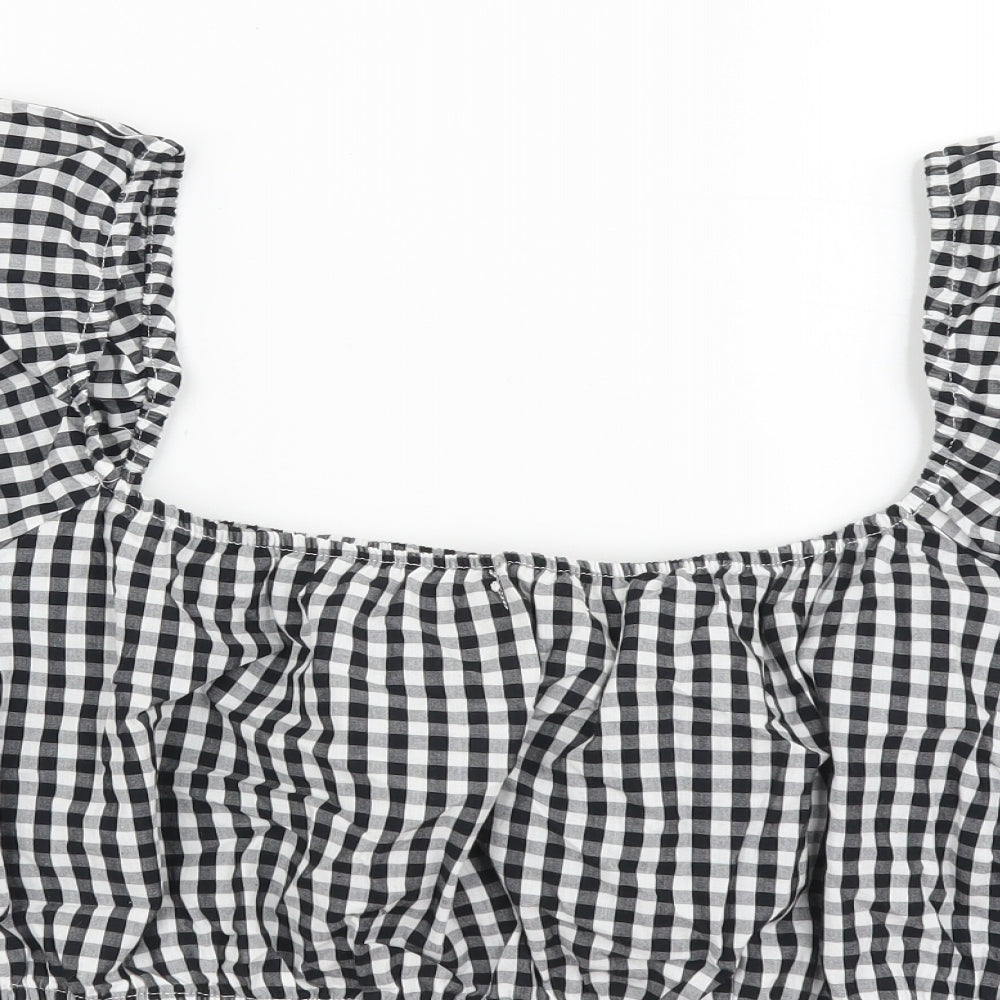 Boohoo Womens Black Geometric Cotton Cropped Blouse Size 14 Square Neck - Gingham