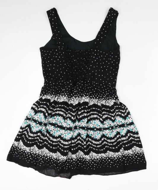 Debenhams Womens Black Floral Viscose Tank Dress Size 8 Scoop Neck Pullover