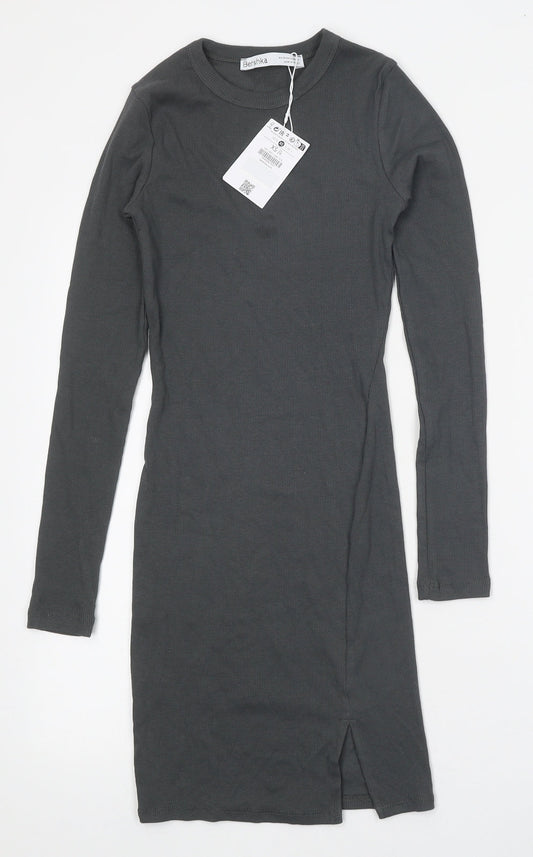 Bershka Womens Grey Cotton Bodycon Size XS Round Neck Pullover - Ribbed