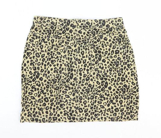 Missguided Womens Yellow Animal Print Cotton A-Line Skirt Size 6 Zip - Leopard Pattern