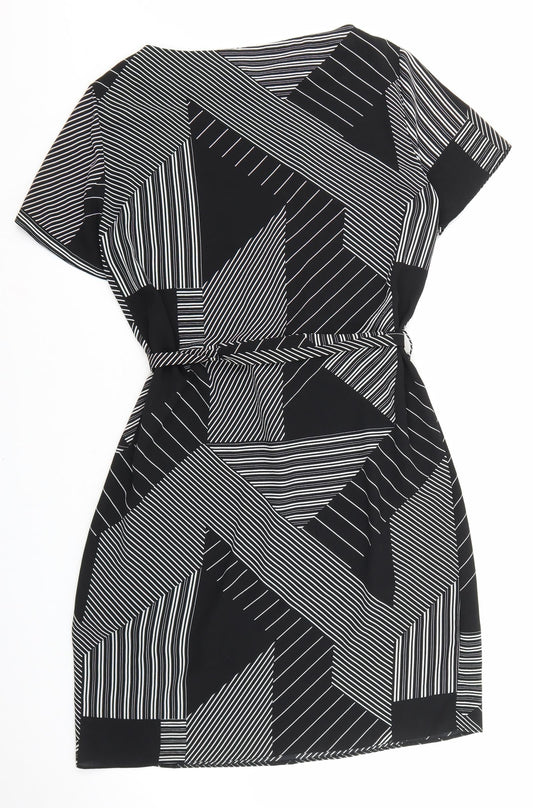 Primark Womens Black Geometric Polyester Sheath Size 8 Boat Neck Tie