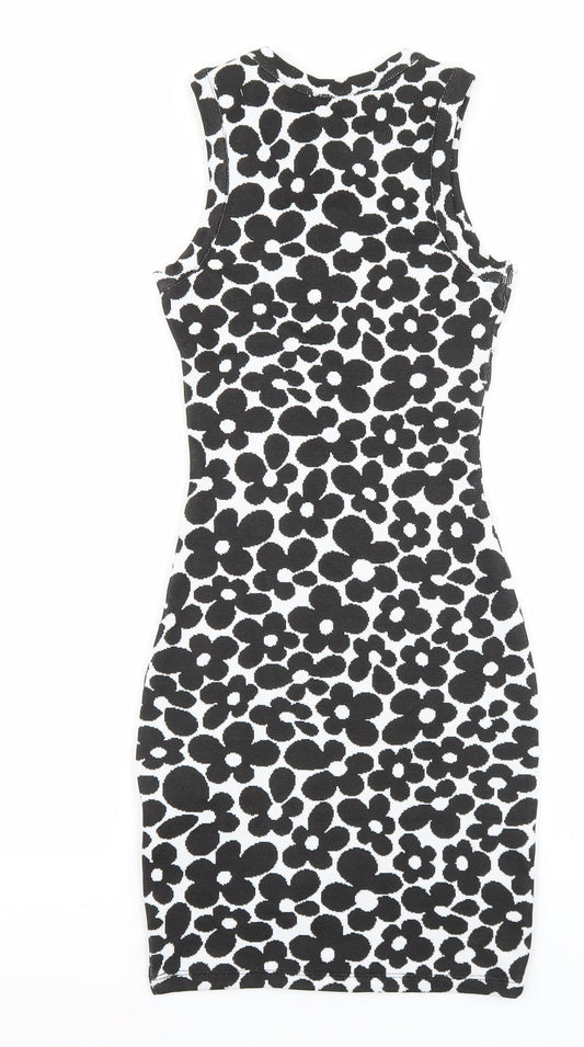 H&M Womens Black Floral Polyester Bodycon Size 2XS Roll Neck Pullover