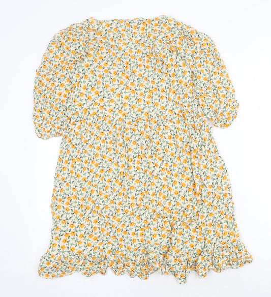 F&F Womens Yellow Floral Viscose A-Line Size 8 V-Neck Tie