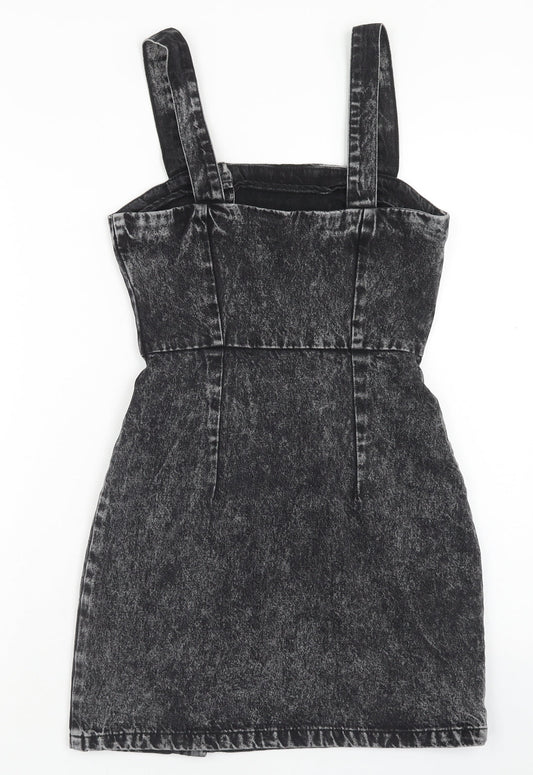 H&M Womens Green Cotton Pinafore/Dungaree Dress Size 6 Scoop Neck Button