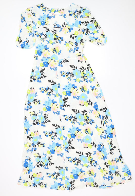 Marks and Spencer Womens White Floral Viscose A-Line Size 10 Boat Neck Zip